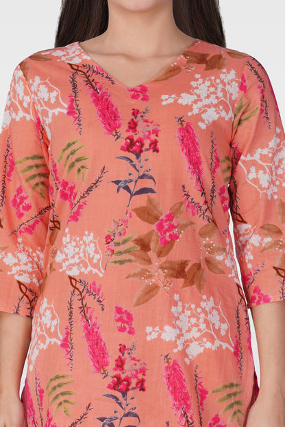 Pink Peach V Neck Cotton Printed Pyjama Set