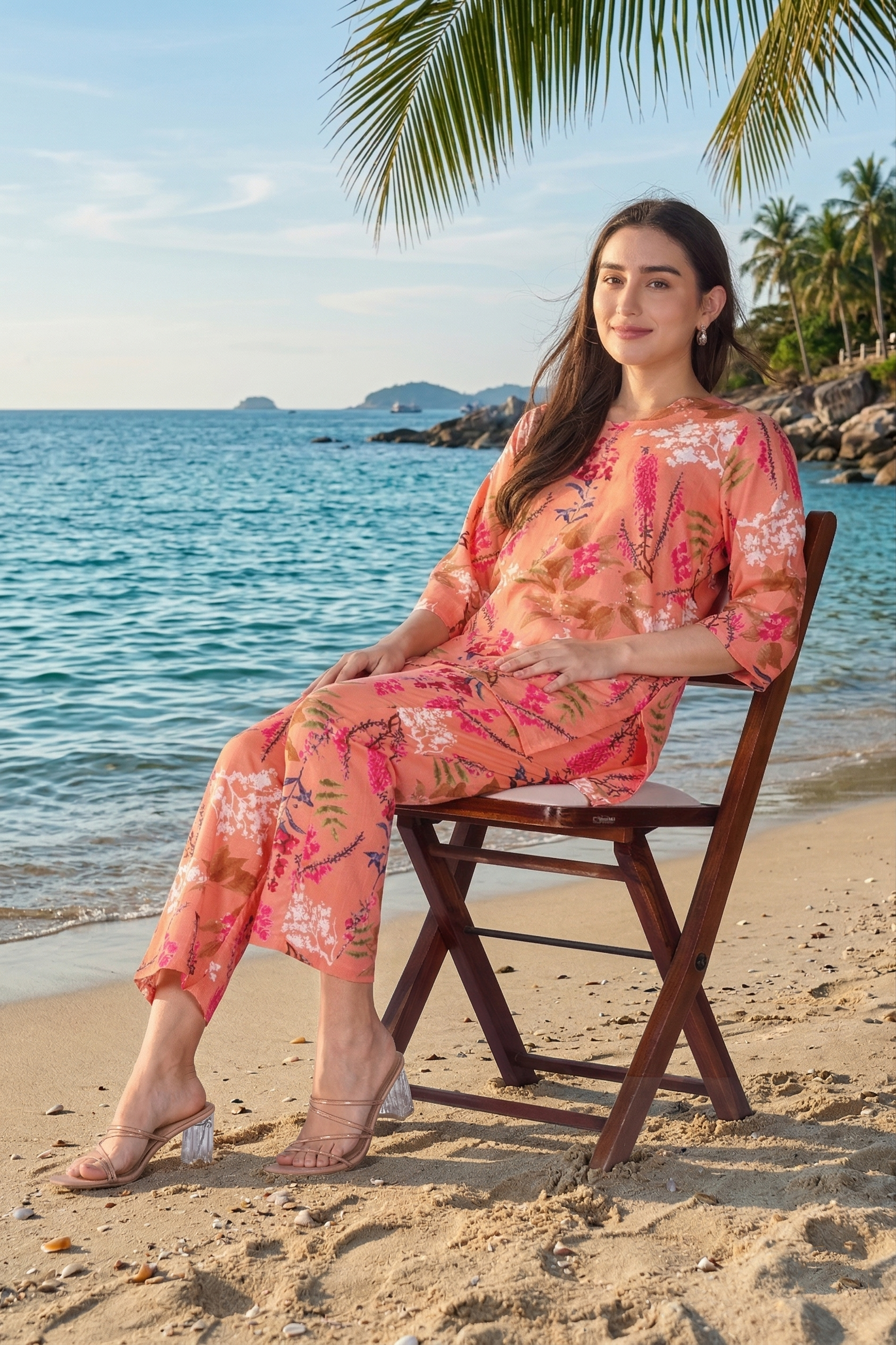 Pink Peach V Neck Cotton Printed Pyjama Set