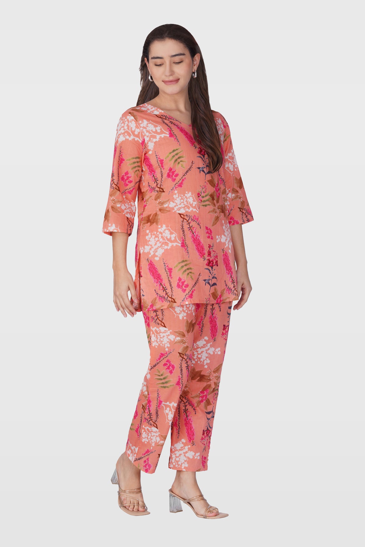 Pink Peach V Neck Cotton Printed Pyjama Set