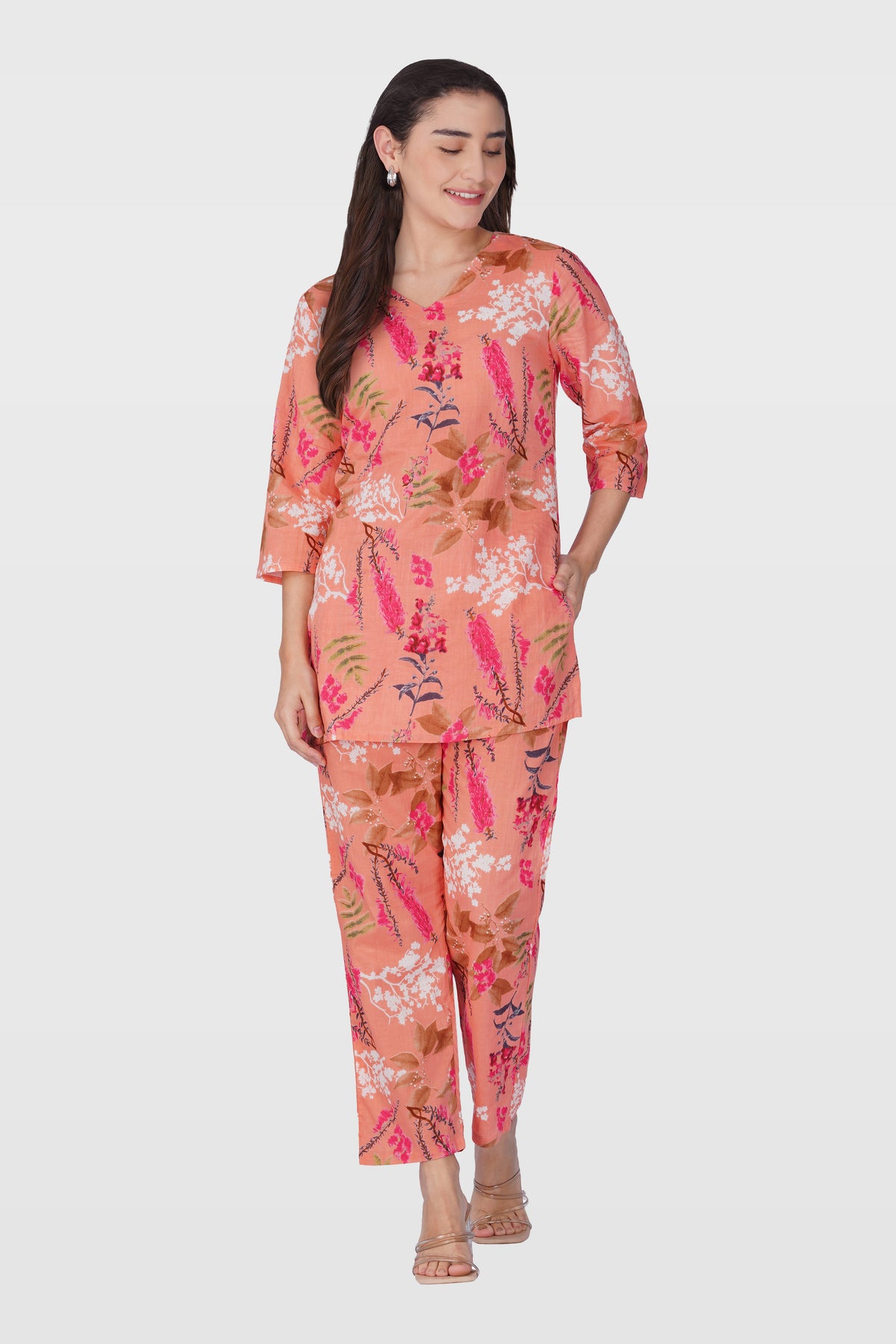 Pink Peach V Neck Cotton Printed Pyjama Set