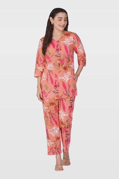 Pink Peach V Neck Cotton Printed Pyjama Set