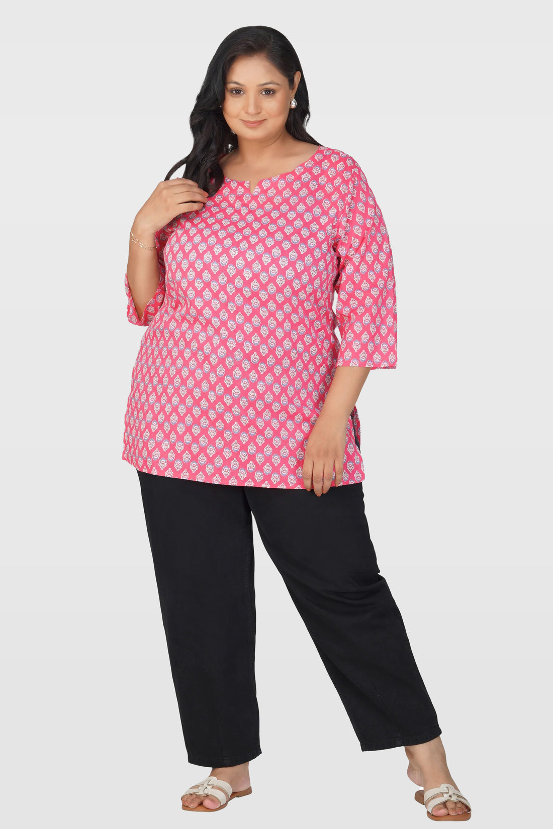 Pink Plus Size Cotton Printed Kurti