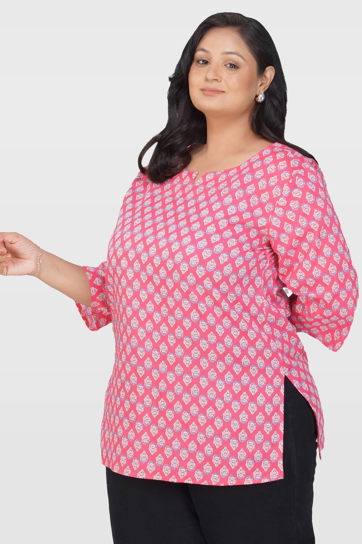 Pink Plus Size Cotton Printed Kurti
