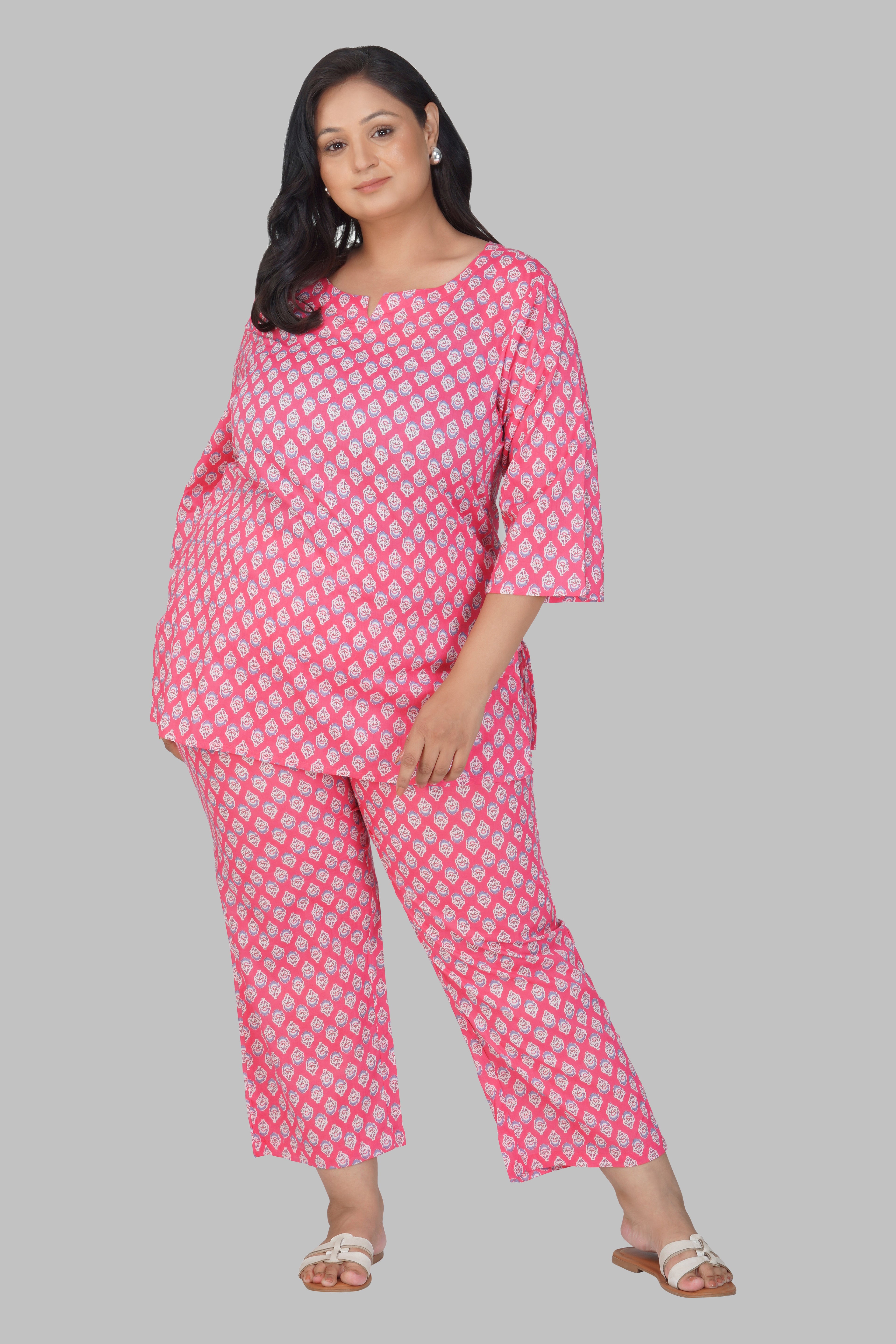 Pink Plus Size Cotton Printed Pyjama Set