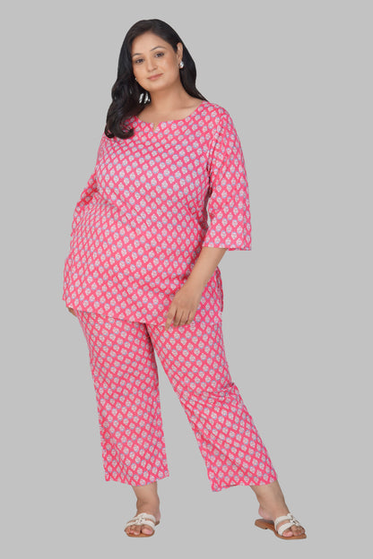 Pink Plus Size Cotton Printed Pyjama Set