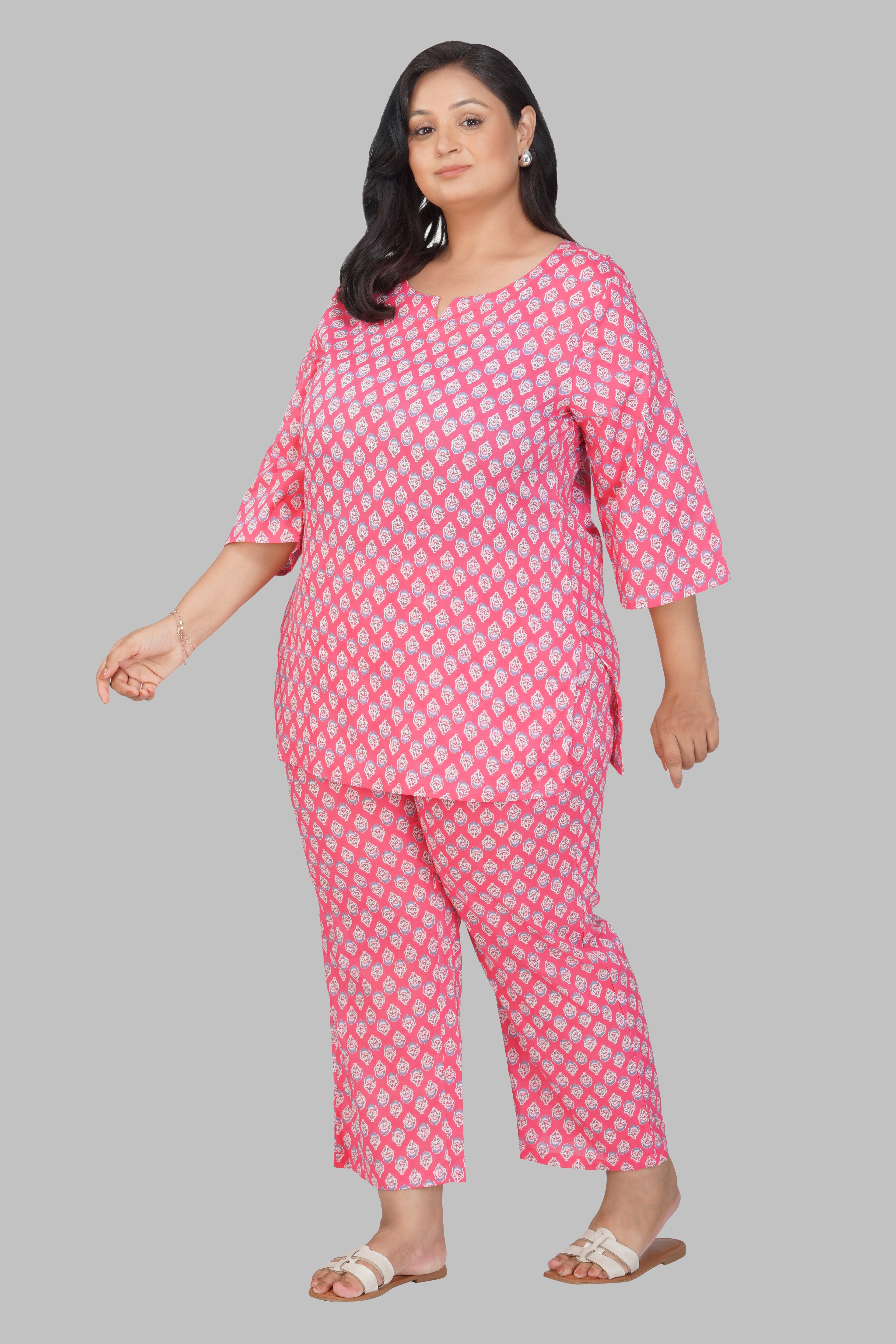 Pink Plus Size Cotton Printed Pyjama Set