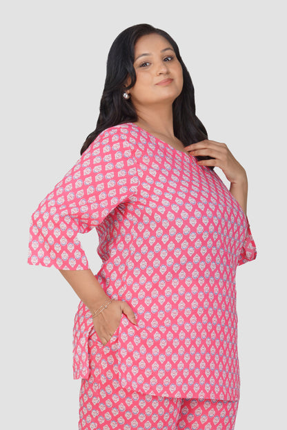 Pink Plus Size Cotton Printed Pyjama Set