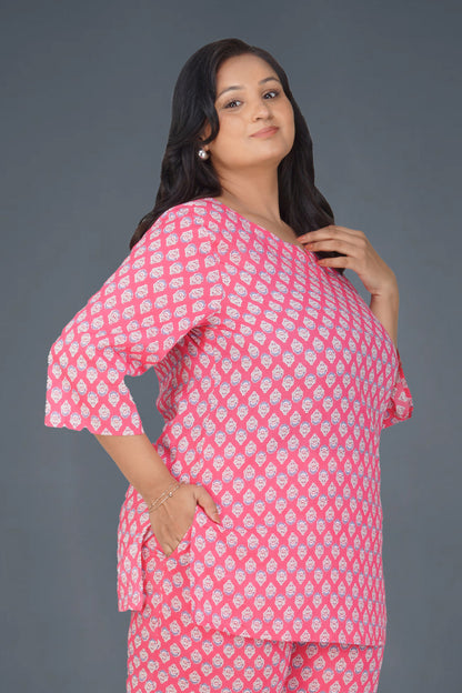 Pink Plus Size Cotton Printed Pyjama Set