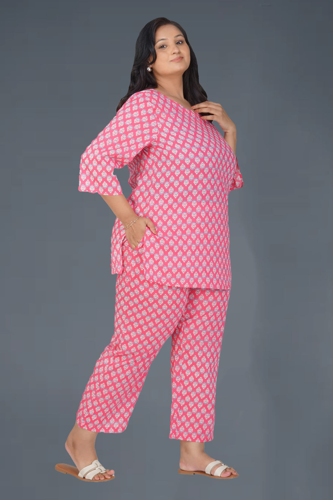 Pink Plus Size Cotton Printed Pyjama Set