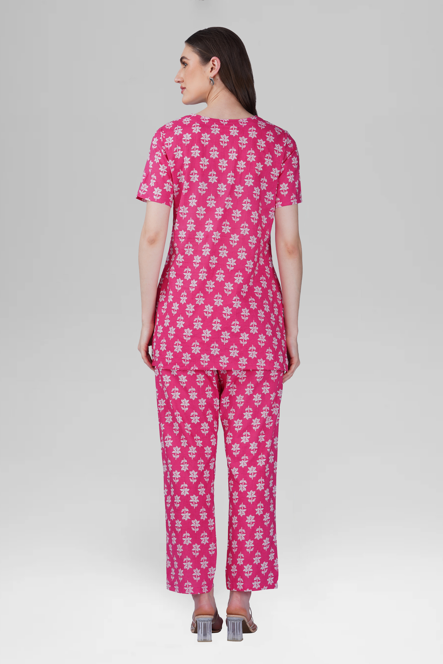 Pink V Neck Cotton Printed Pyjama Set