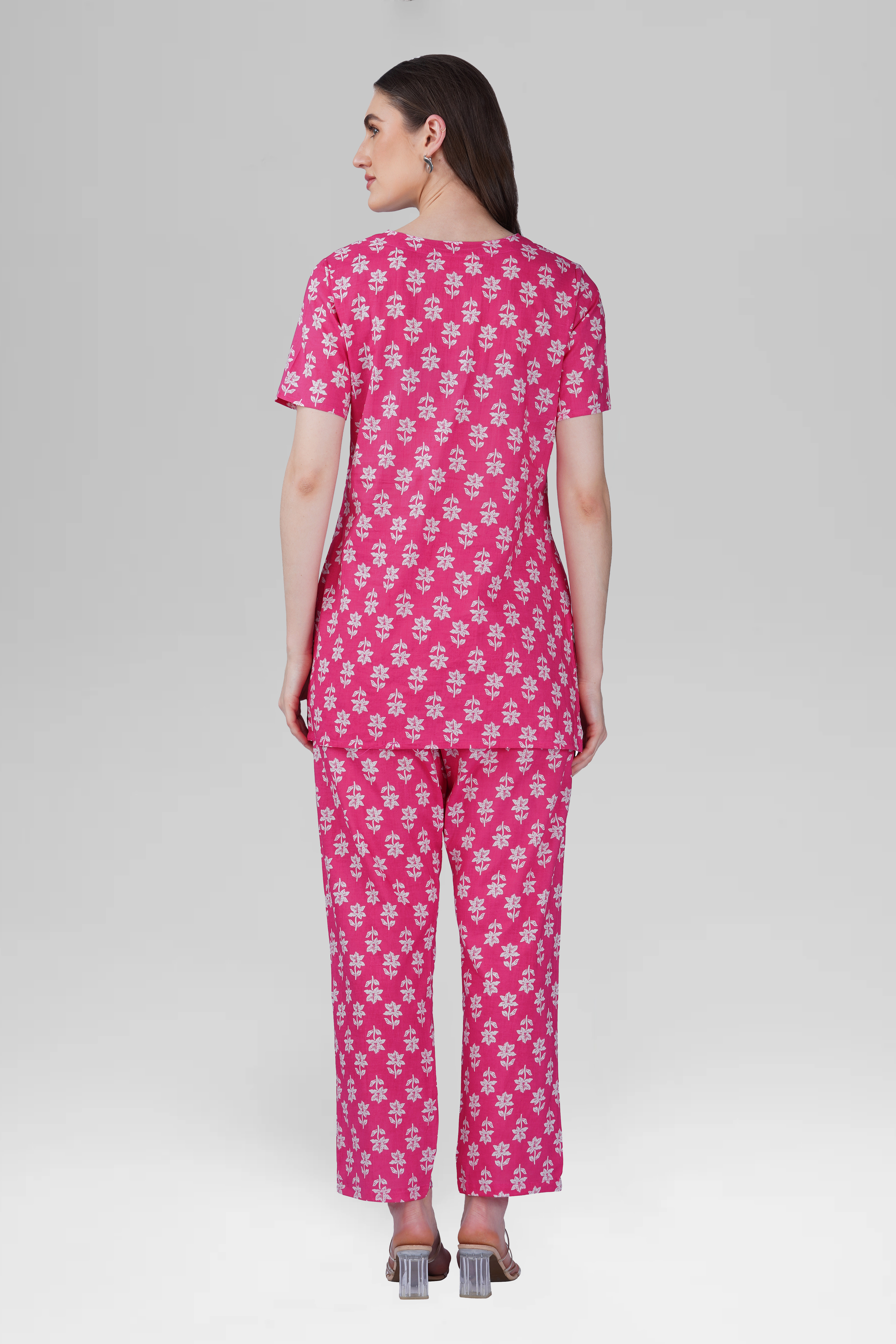 Pink V Neck Cotton Printed Pyjama Set