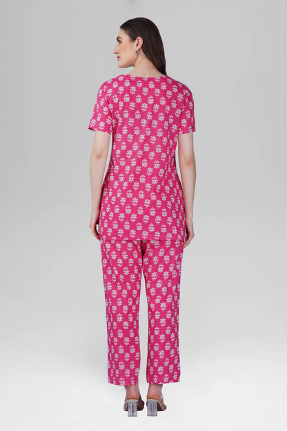 Pink V Neck Cotton Printed Pyjama Set