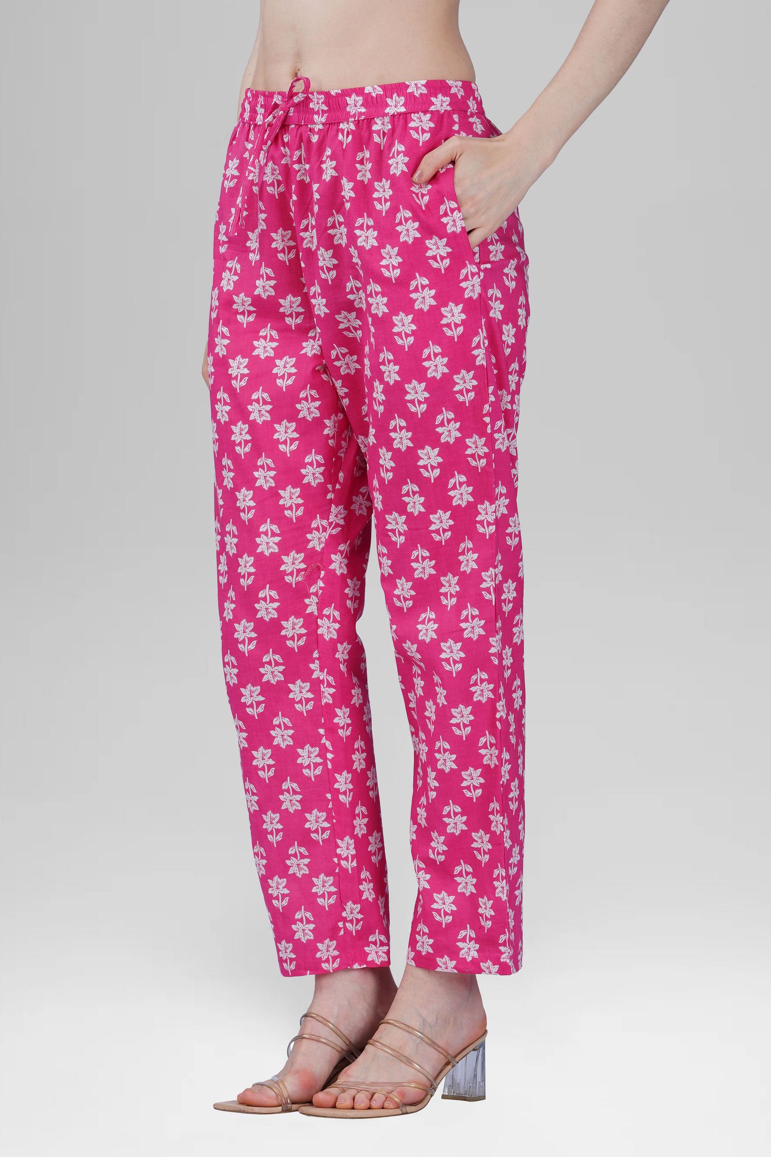Pink V Neck Cotton Printed Pyjama Set