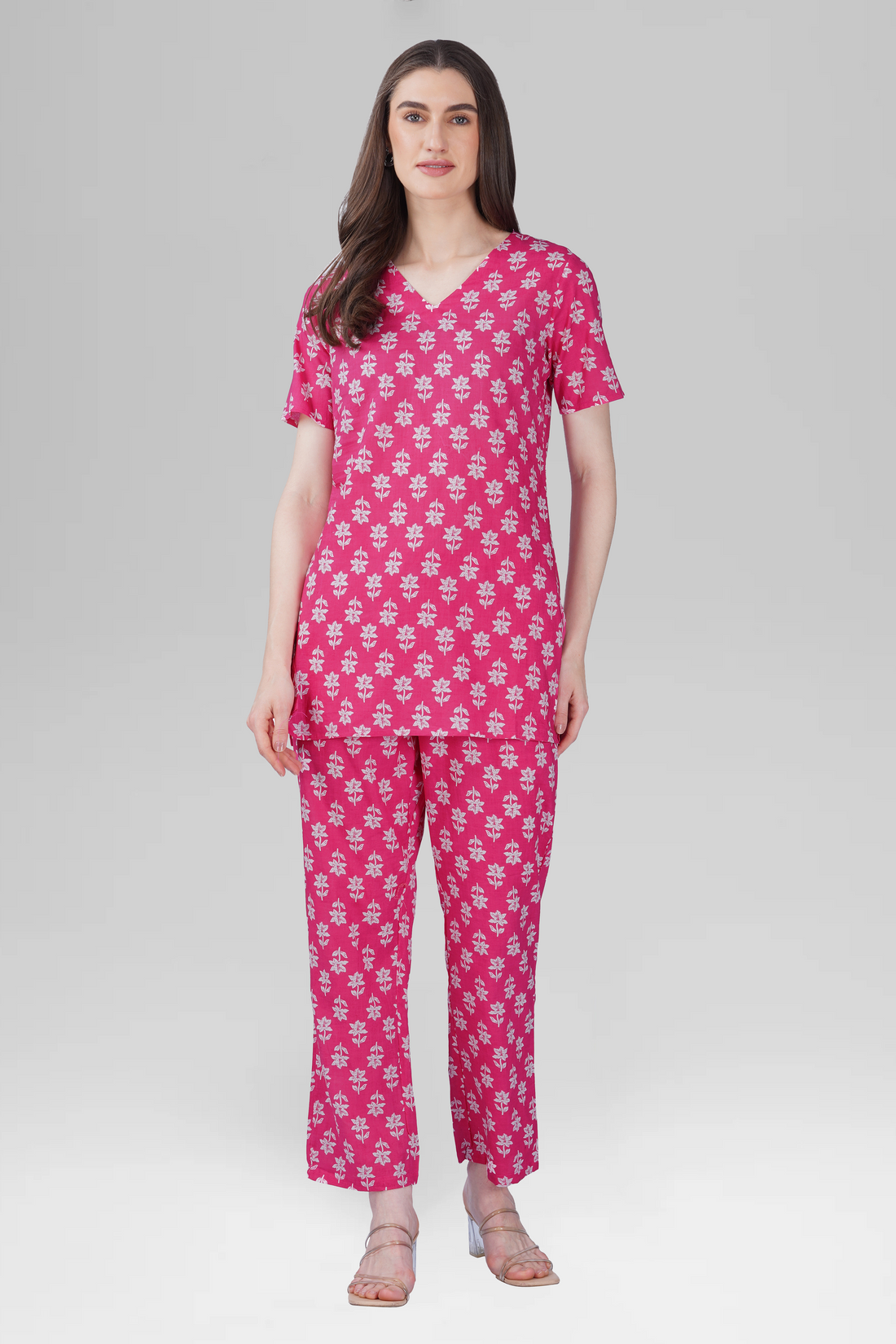 Pink V Neck Cotton Printed Pyjama Set 