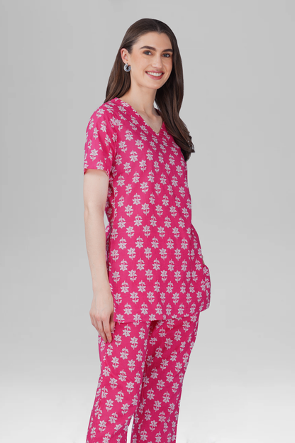 Pink V Neck Cotton Printed Pyjama Set