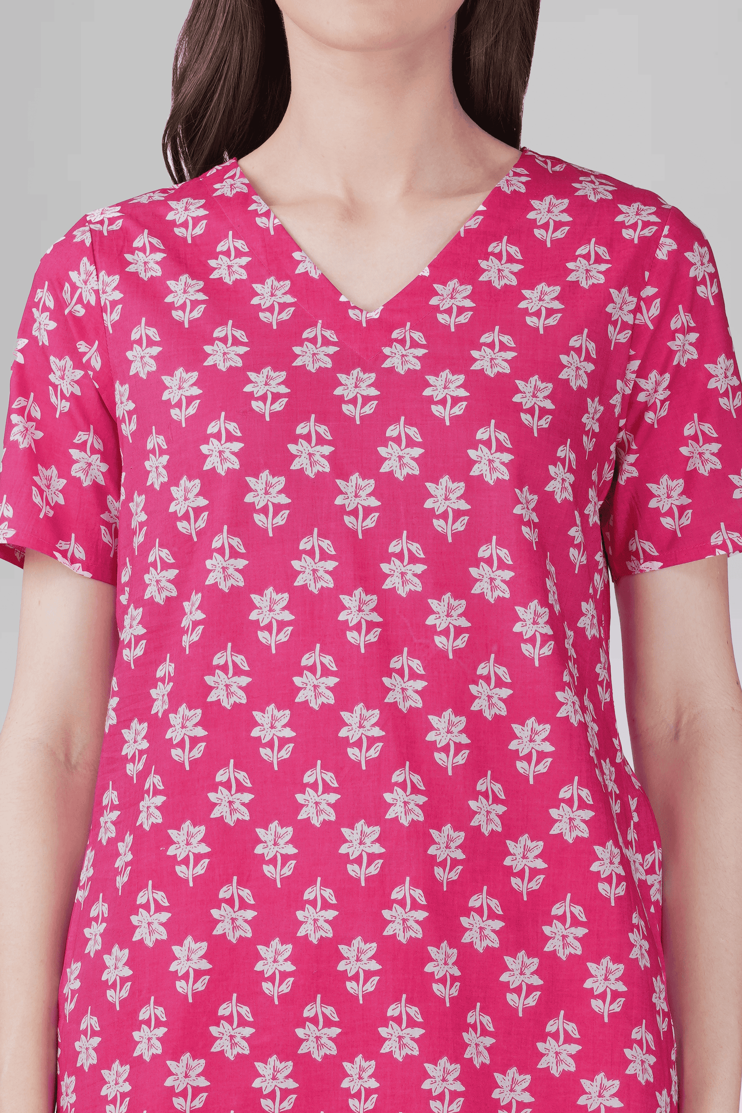 Pink V Neck Cotton Printed PyjamaSet