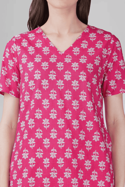 Pink V Neck Cotton Printed PyjamaSet