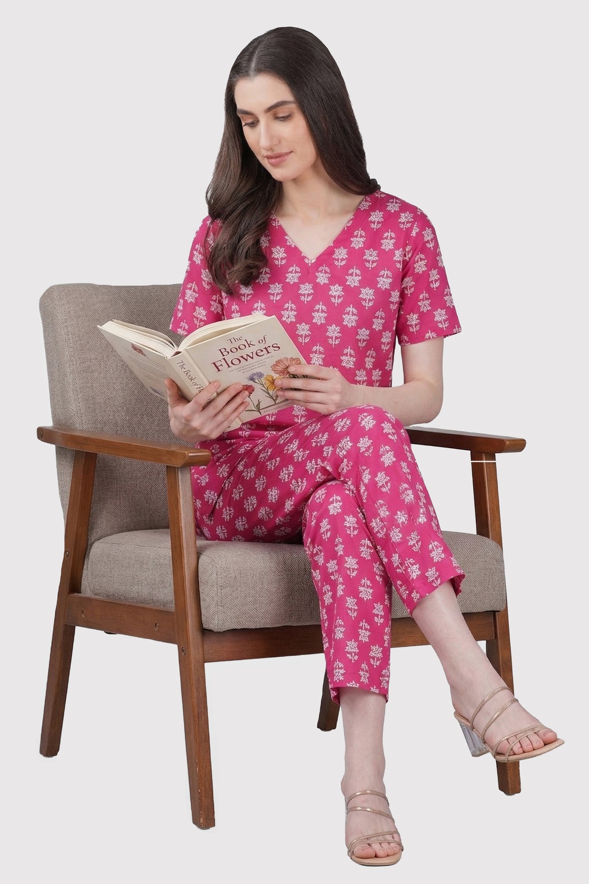 Pink V Neck Cotton Printed Pyjama Set