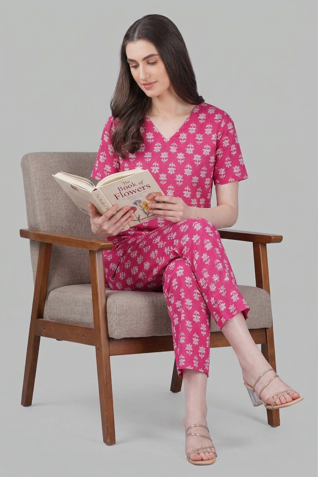 Pink V Neck Cotton Printed Pyjama Set