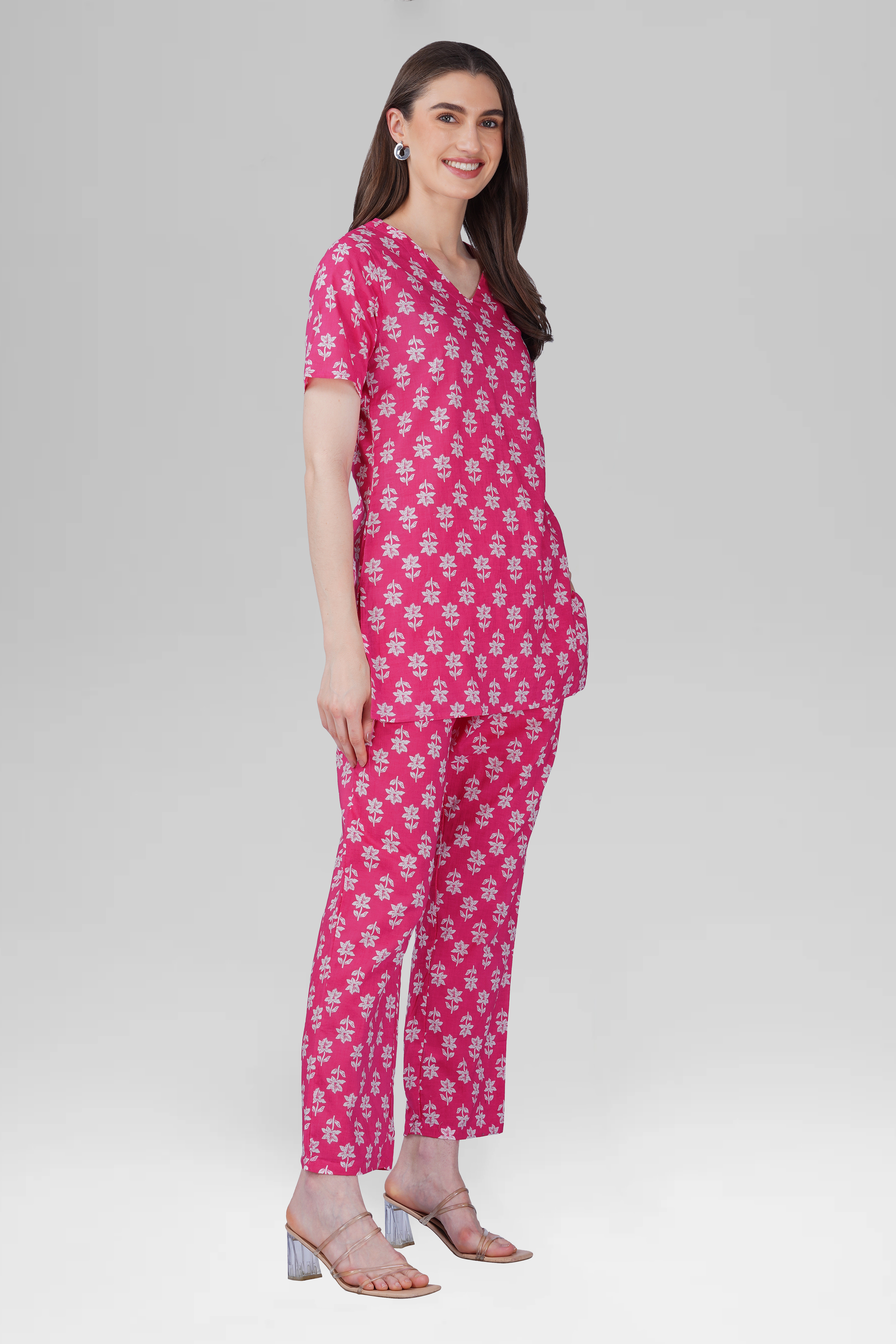 Pink V Neck Cotton Printed Pyjama Set 