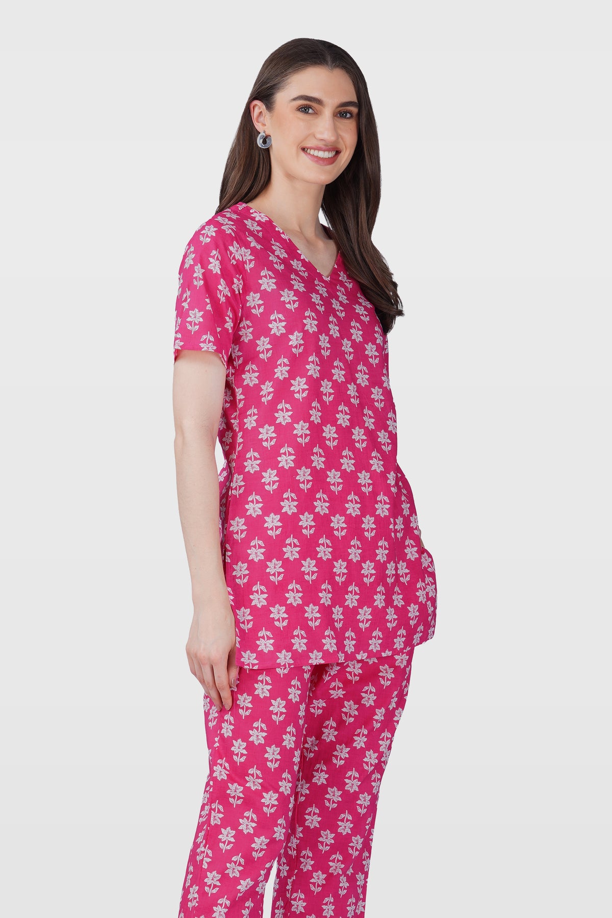 Pink V Neck Cotton Printed Pyjama Set