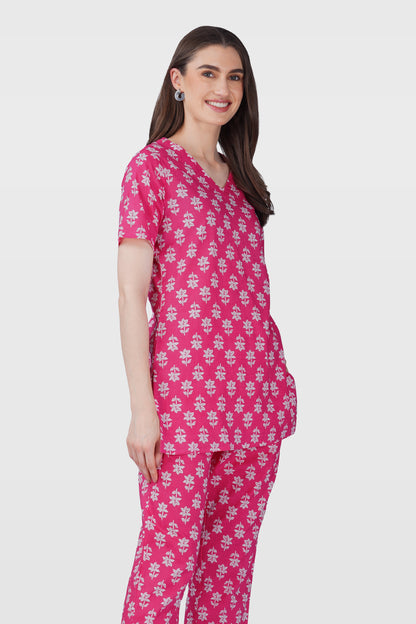 Pink V Neck Cotton Printed Pyjama Set