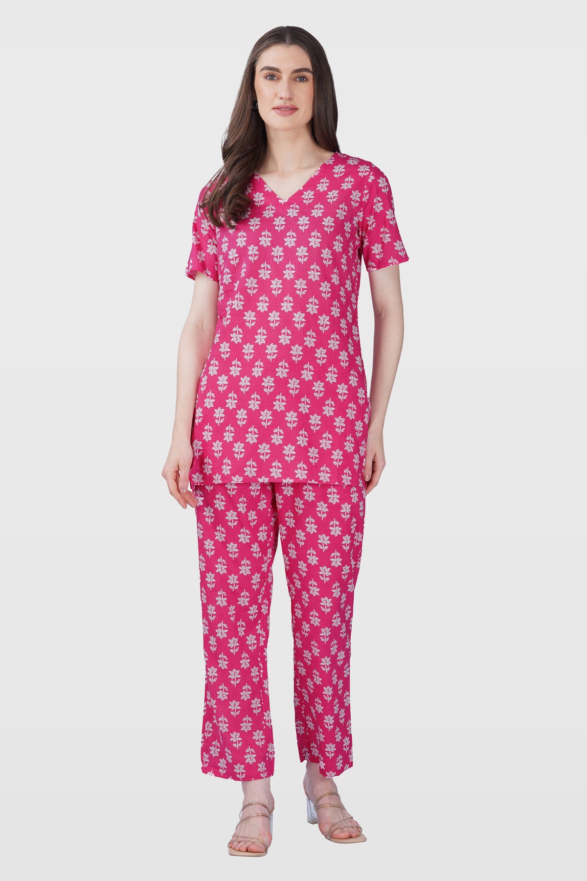 Pink V Neck Cotton Printed Pyjama Set