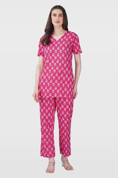 Pink V Neck Cotton Printed Pyjama Set