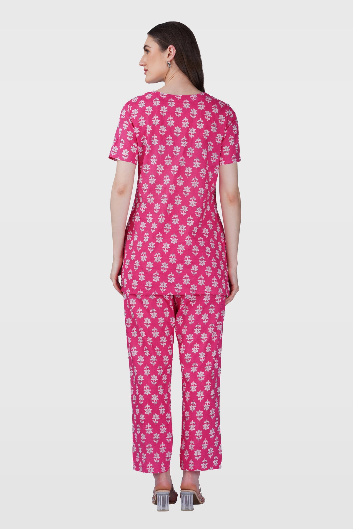 Pink V Neck Cotton Printed Pyjama Set