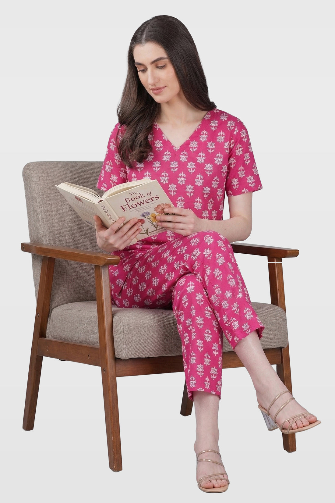 Pink V Neck Cotton Printed Pyjama Set