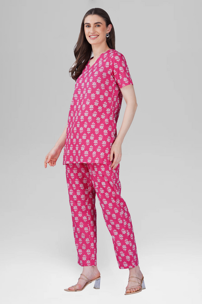 Pink V Neck Cotton Printed Pyjama Set 