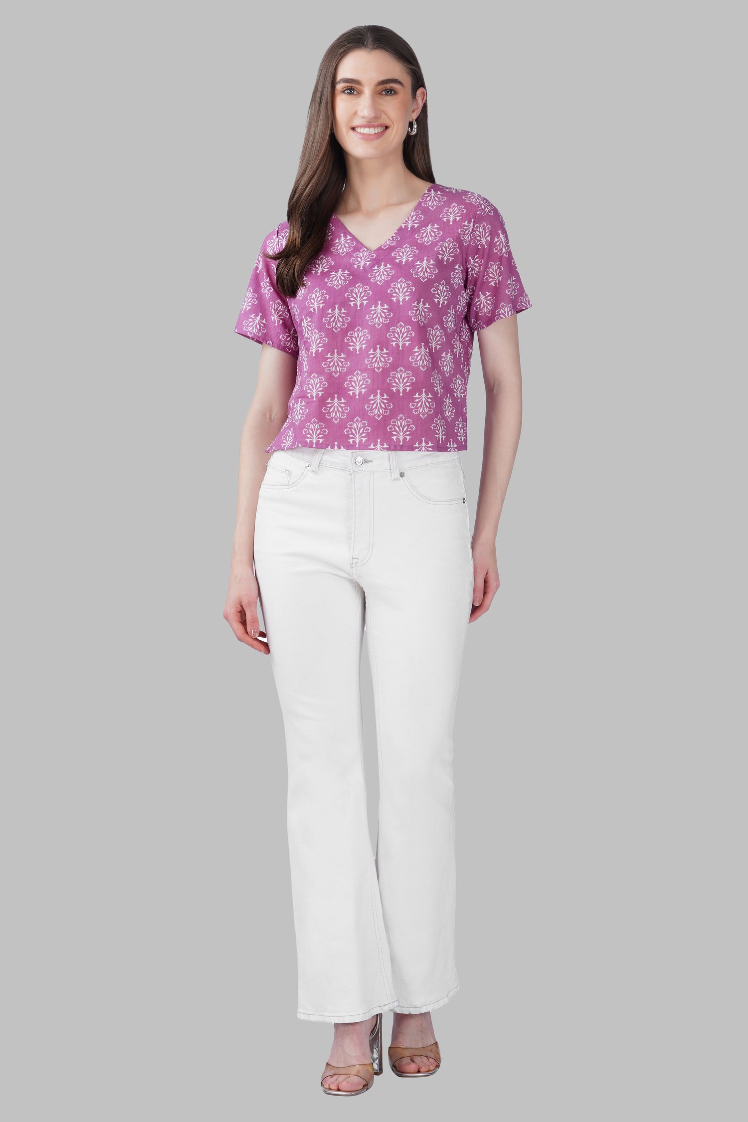 Pink V Neck Cotton Printed Top
