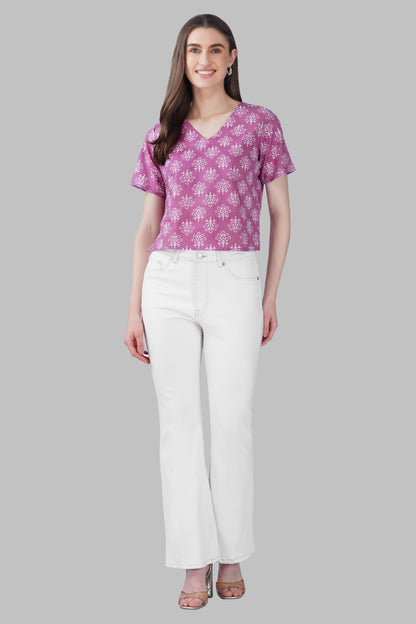Pink V Neck Cotton Printed Top