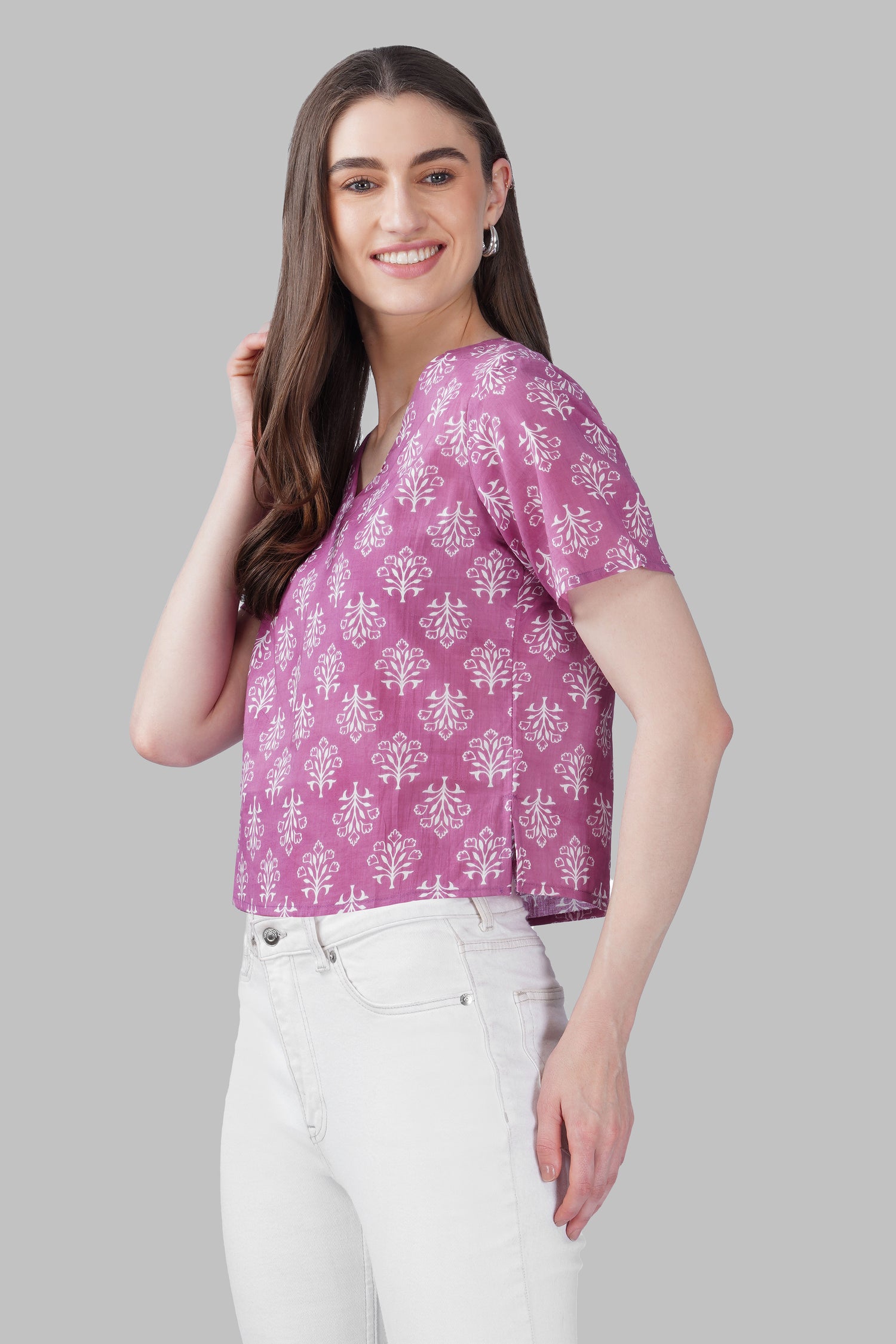 Pink V Neck Cotton Printed Top