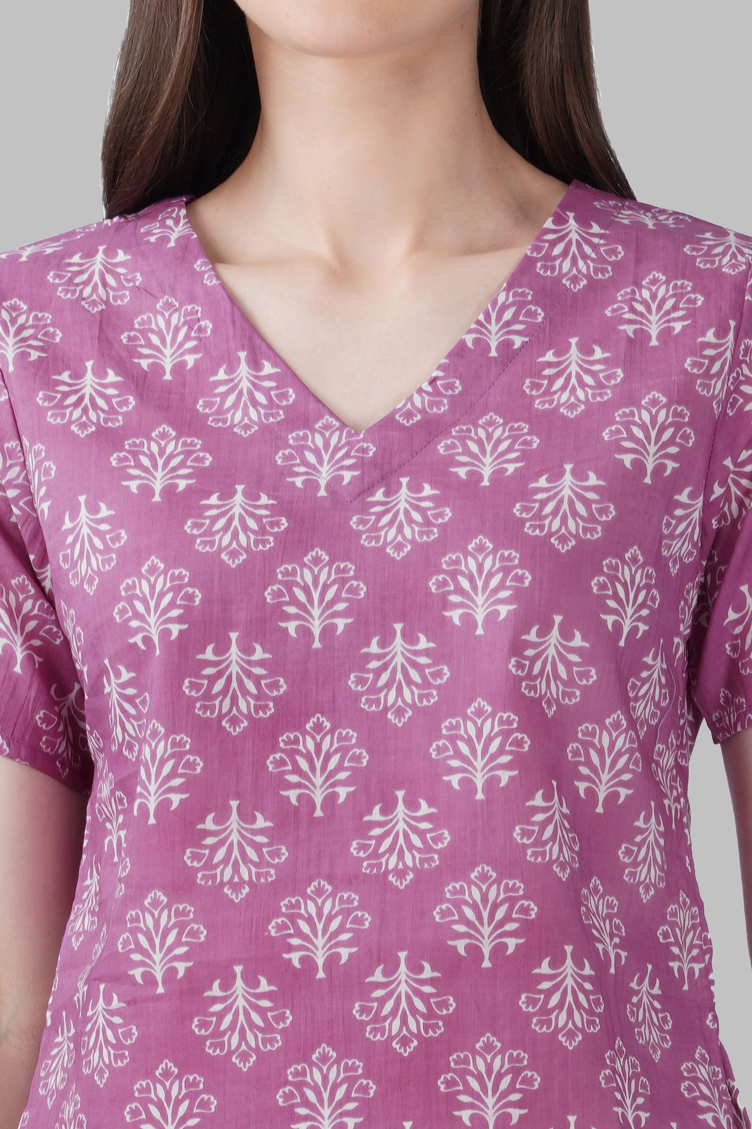 Pink V Neck Cotton Printed Top