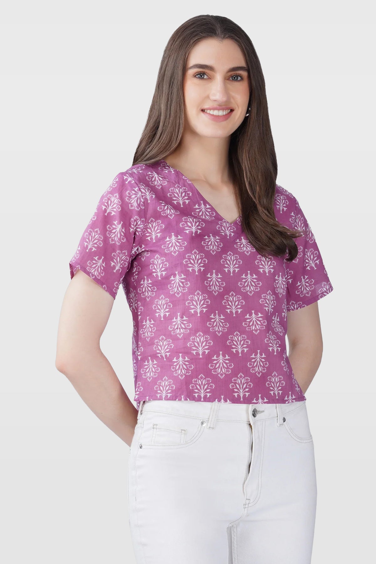 Pink V Neck Cotton Printed Top