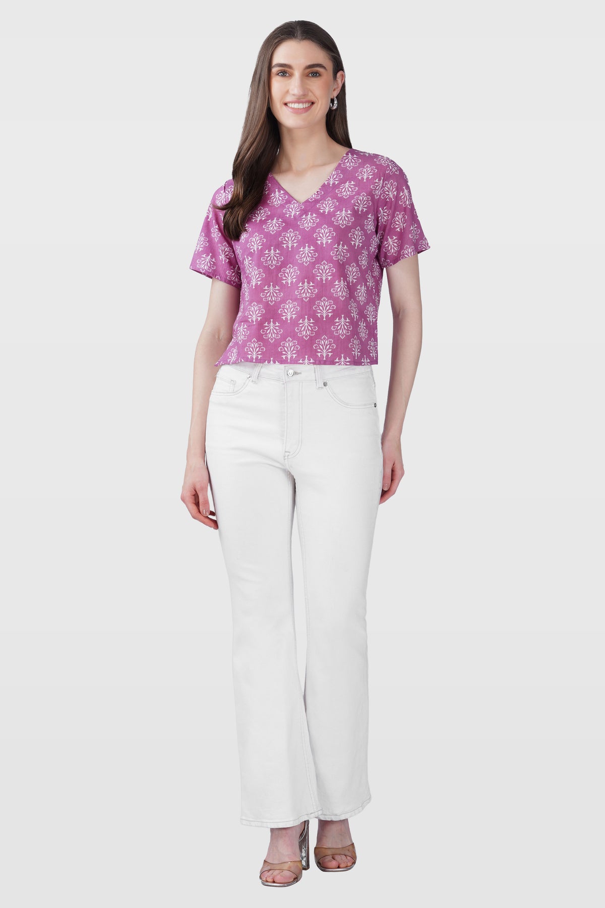 Pink V Neck Cotton Printed Top