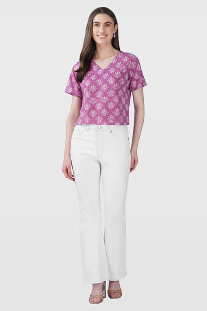 Pink V Neck Cotton Printed Top
