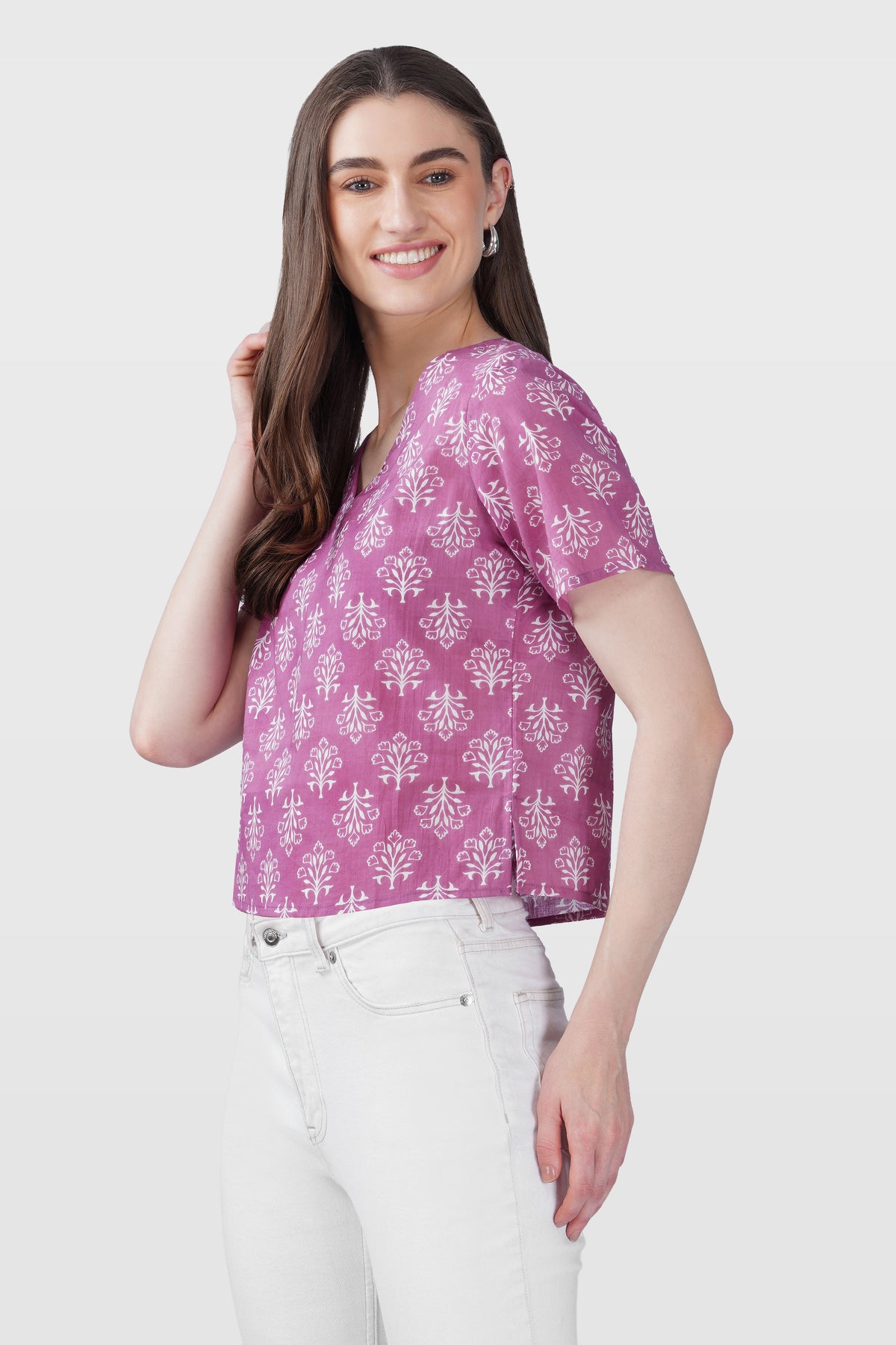 Pink V Neck Cotton Printed Top