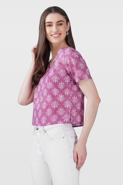 Pink V Neck Cotton Printed Top