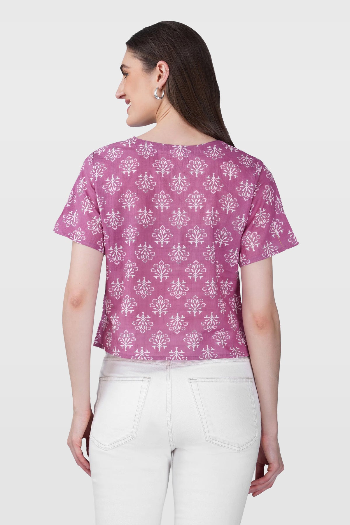 Pink V Neck Cotton Printed Top