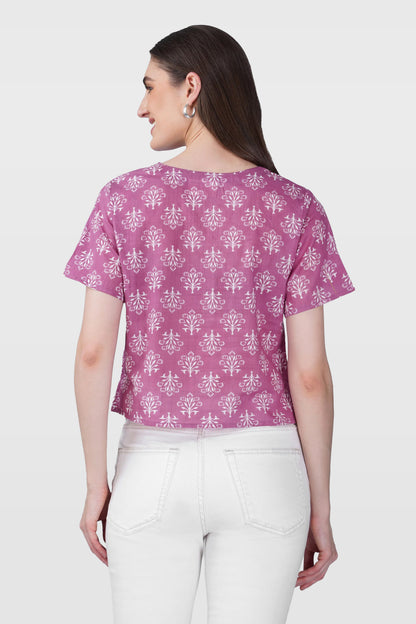 Pink V Neck Cotton Printed Top