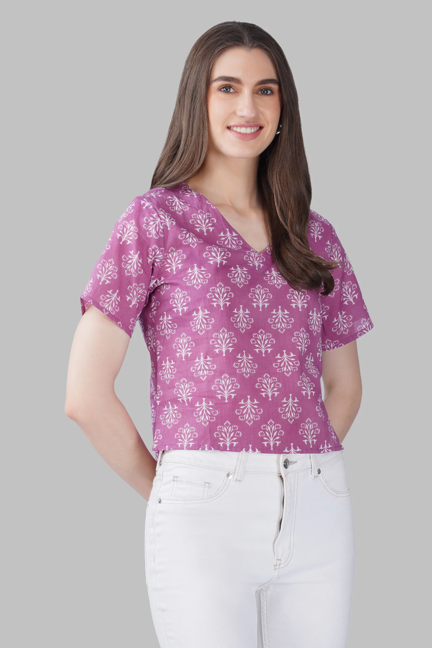Pink V Neck Cotton Printed Top