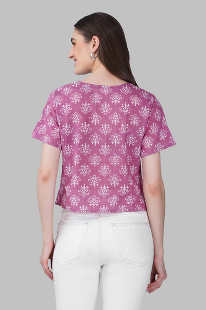 Pink V Neck Cotton Printed Top