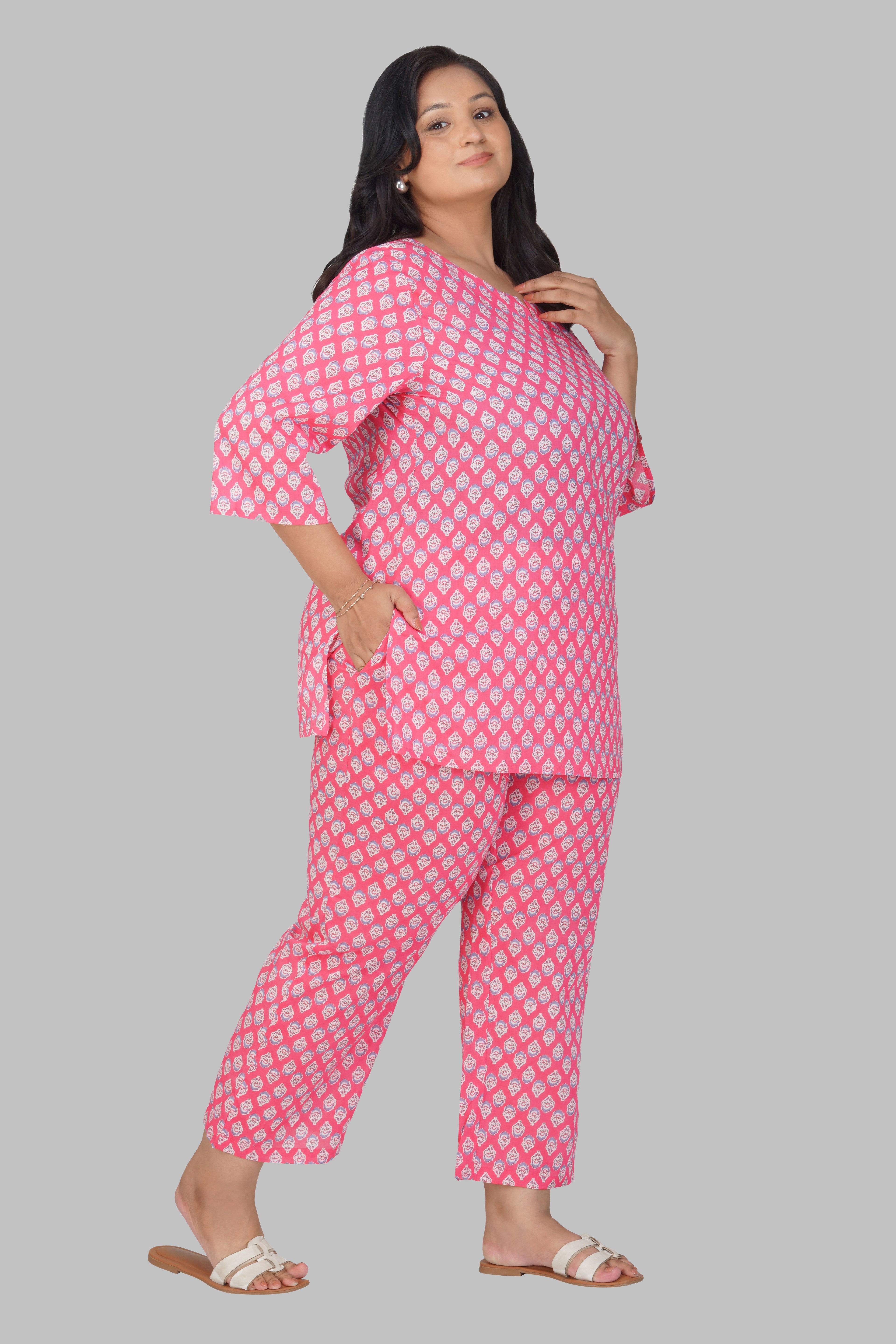 Pink Plus Size Cotton Printed Pyjama Set