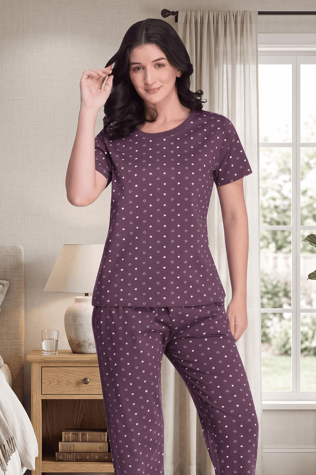 Plum Cotton Printed Pyjama Set 
