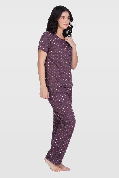 Plum Cotton Printed Pyjama Set