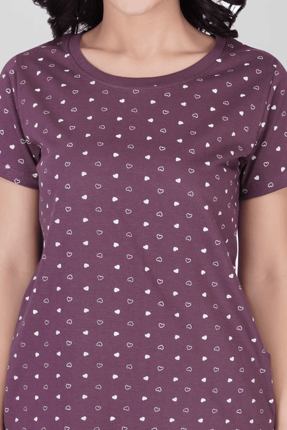 Plum Cotton Printed T-Shirt Nightdress