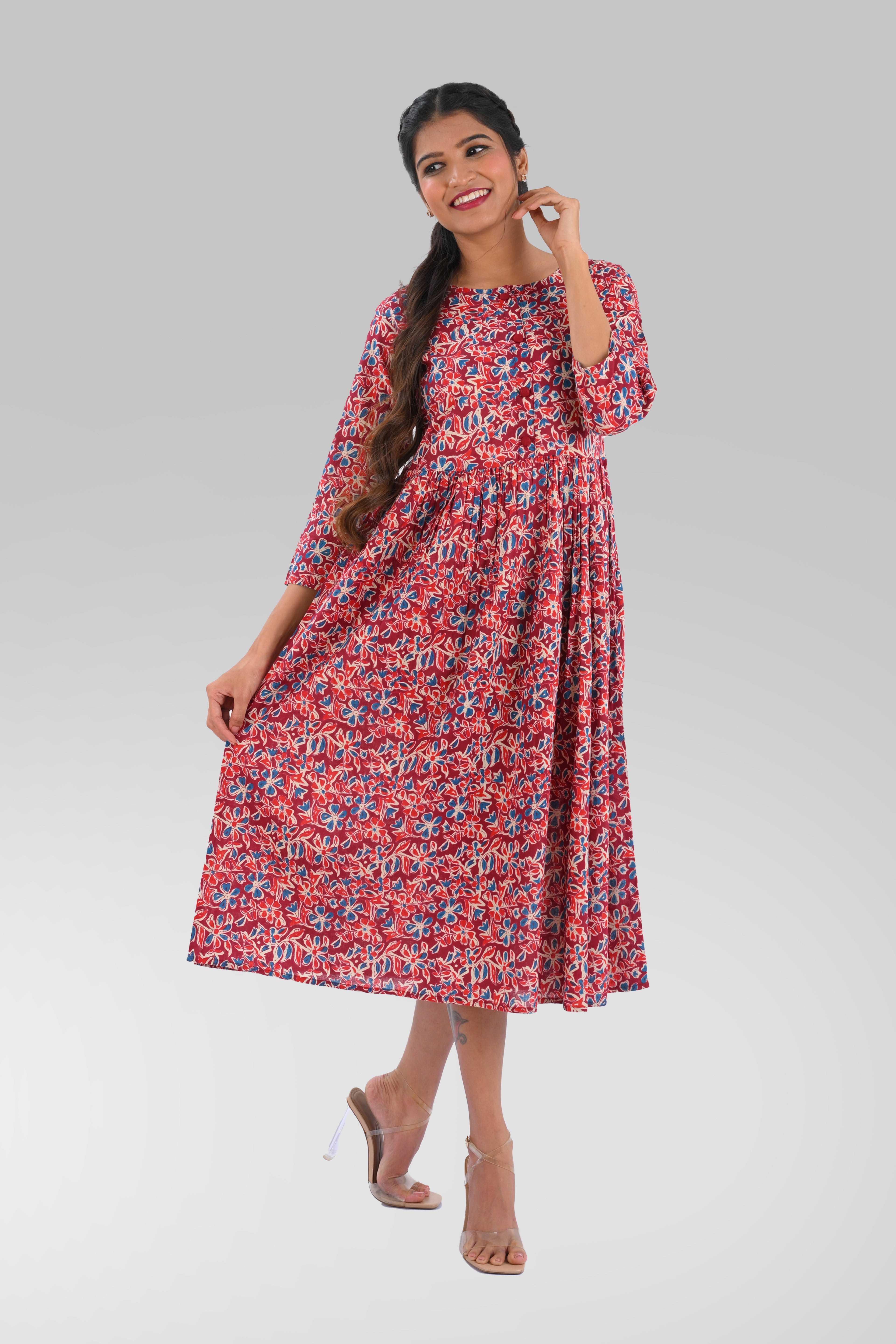 Pomegranate Red Cotton Printed Midi Dress