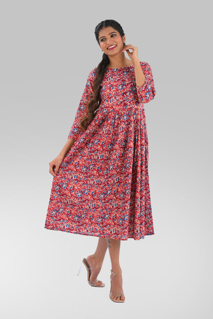 Pomegranate Red Cotton Printed Midi Dress
